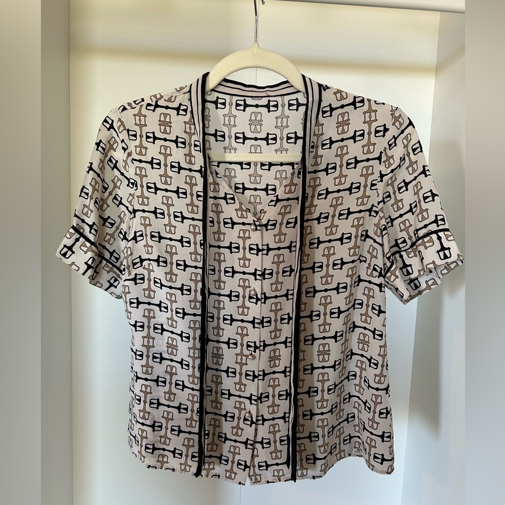 Silk Horse bit pattern Black and White Women's Top with tie collar